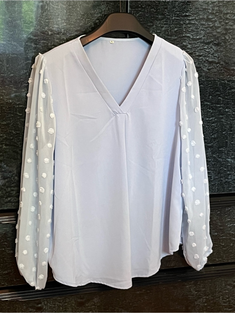 FREE w/20$+ PURCHASE- Light Blue Women's V-Neck Blouse with Textured Dot Sleeves
